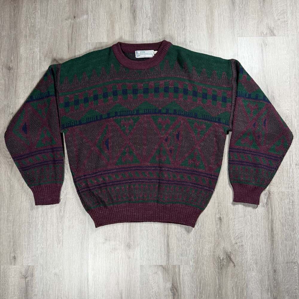 Mens Vintage Functionals Geometric Pattern Crewneck Knit Sweater Large